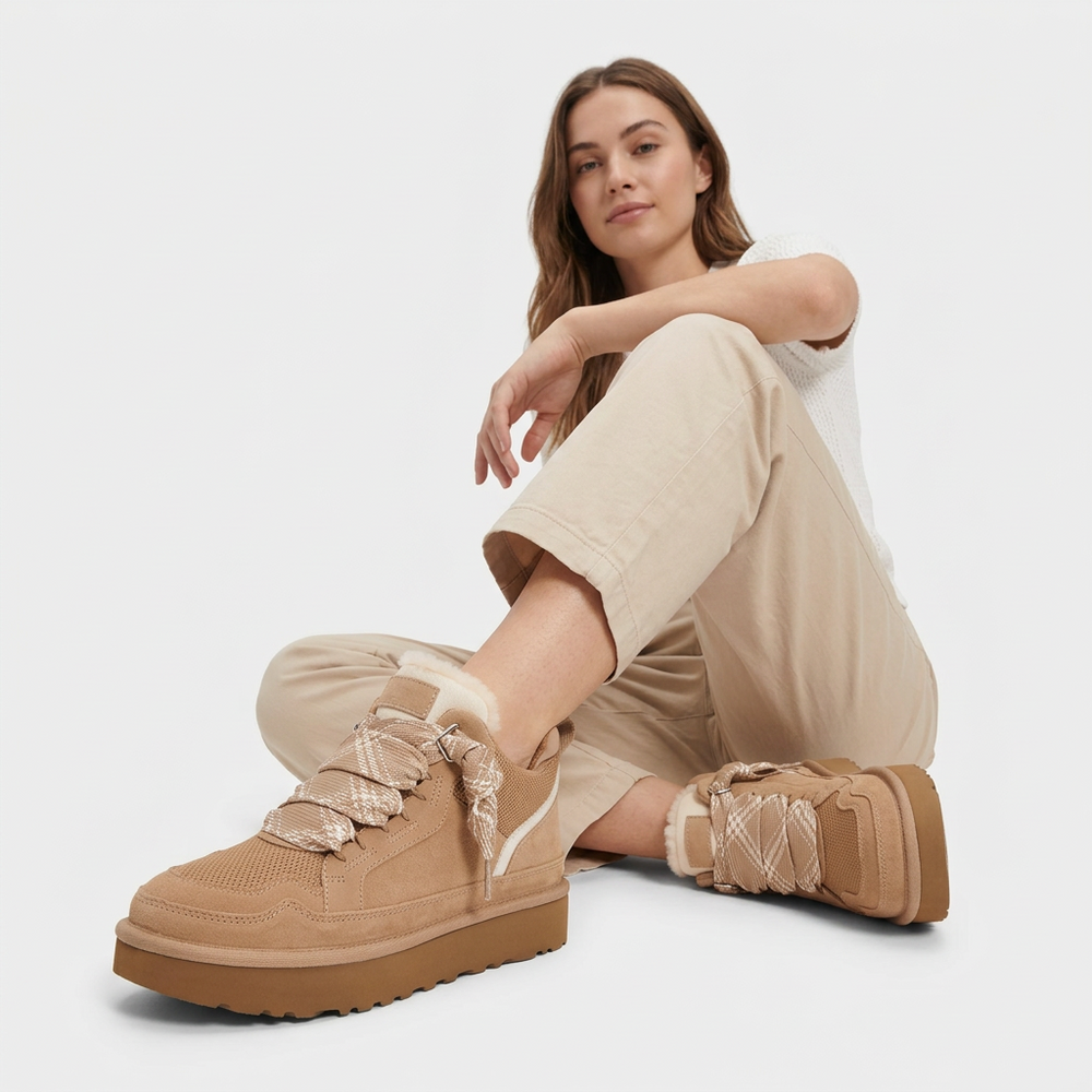 Women's beige high-top sneakers with patterned laces and platform soles