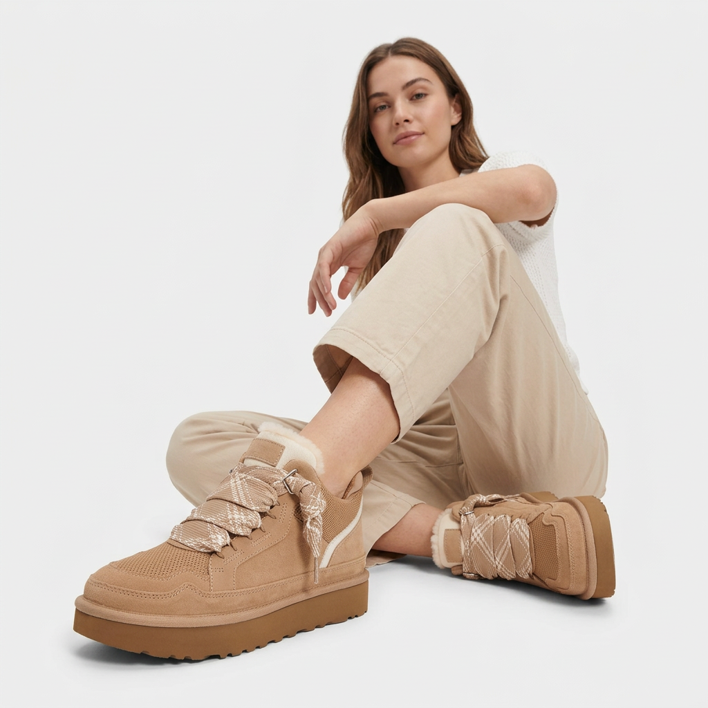 Women's beige high-top sneakers with patterned laces and platform soles
