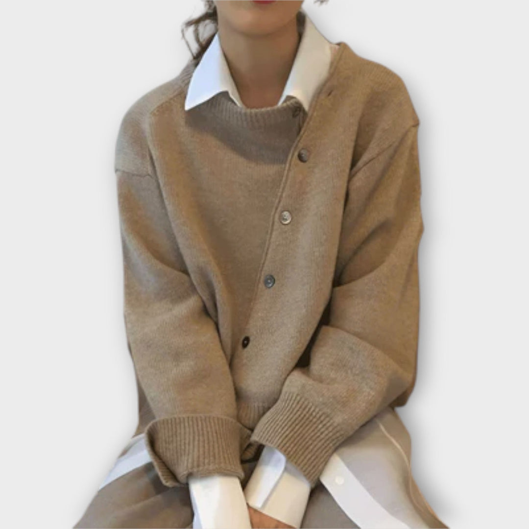Women's knit cardigan with angled button front, crew neckline and long sleeves