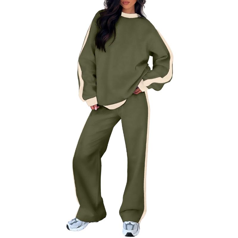 Women's Sweatshirt Set | Crew Neck Top & Wide Leg Pants