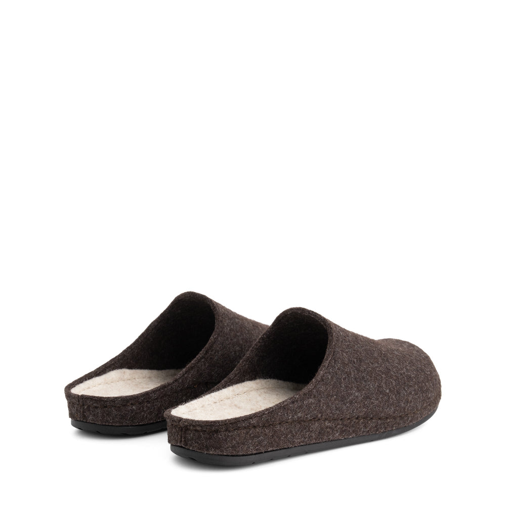 Brown open-back house slippers with round toes and flat black soles