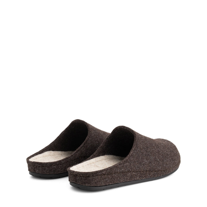 Brown open-back house slippers with round toes and flat black soles