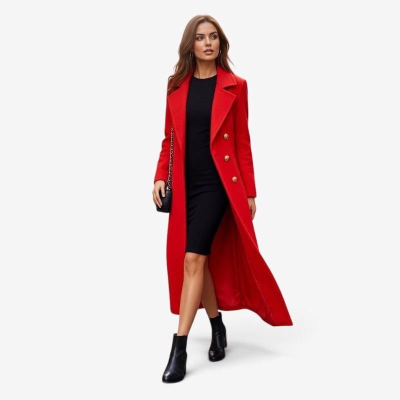 Women's long coat with lapel collar, button front and ankle-length cut
