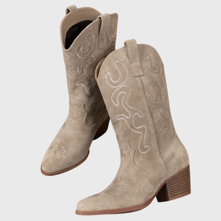 Women's western boots with embroidered mid-calf shafts, pointed toes and block heels