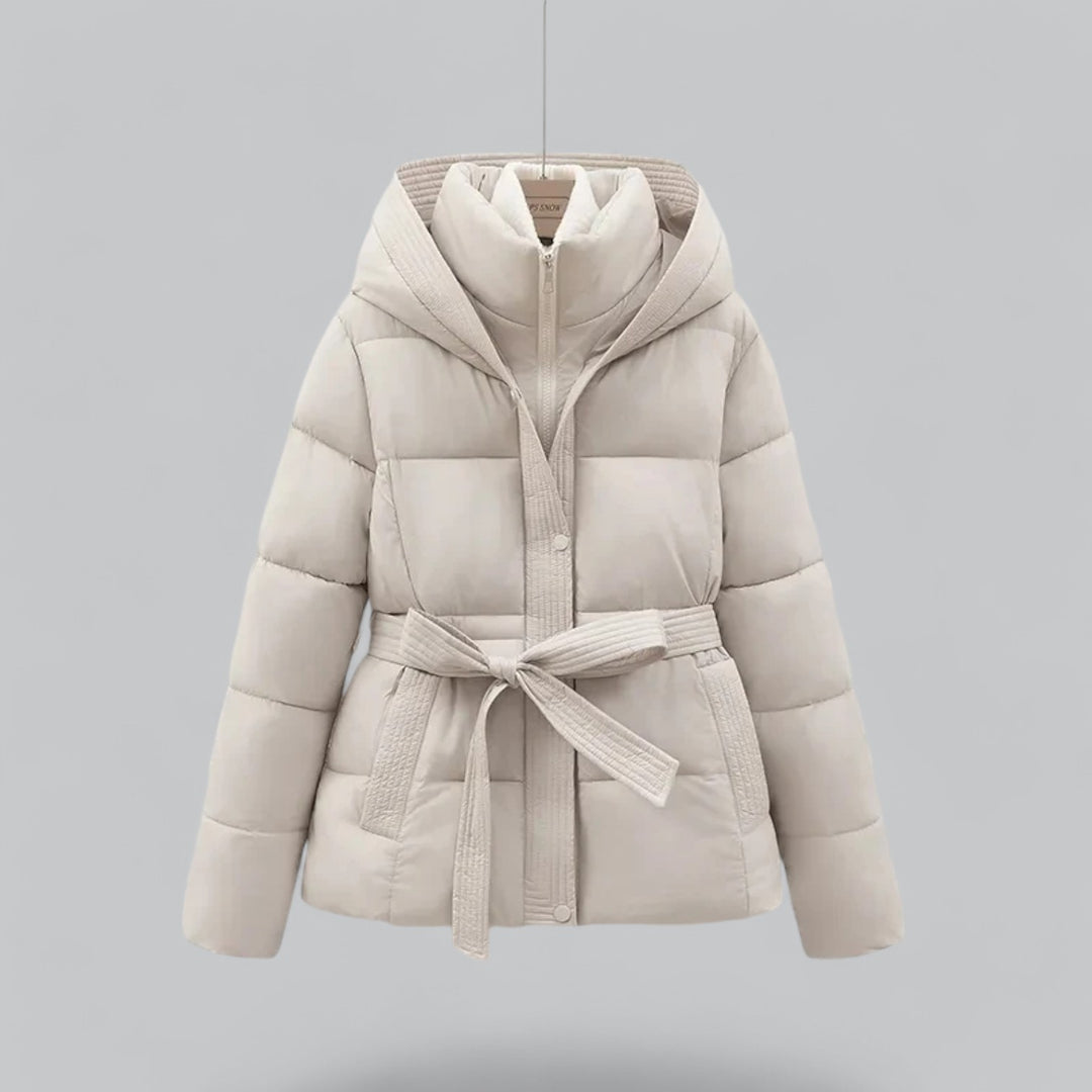Women's hooded quilted puffer parka with belted waist and front pockets