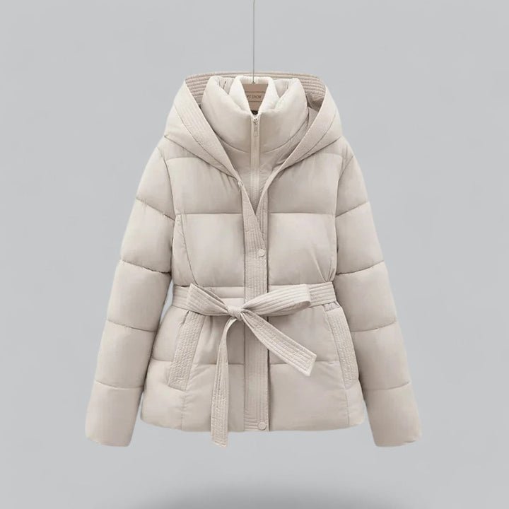 Women's hooded quilted puffer parka with belted waist and front pockets
