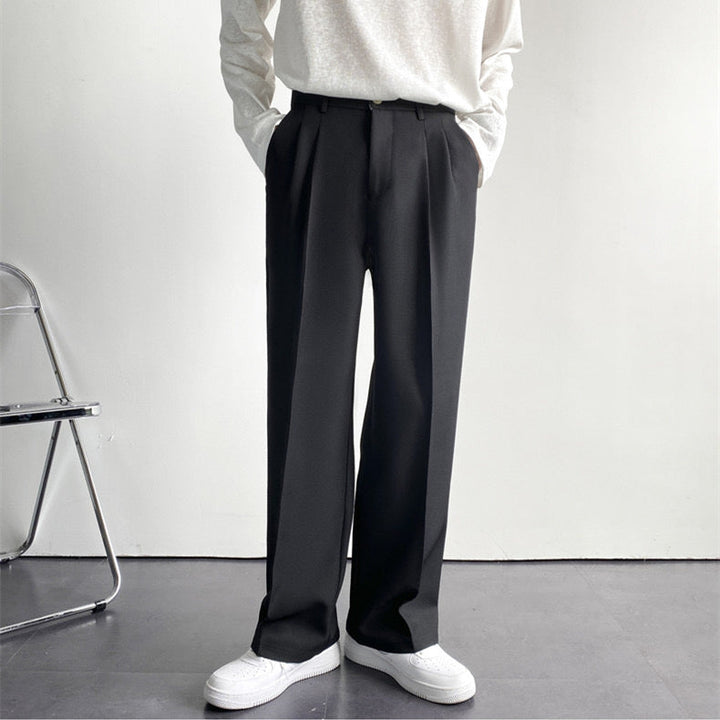 Women's high-rise pleated straight-leg trousers with belt loops and full-length hems