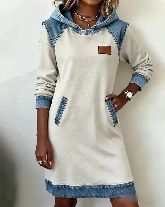 Women's hooded sweatshirt dress with long sleeves and contrast blue trim