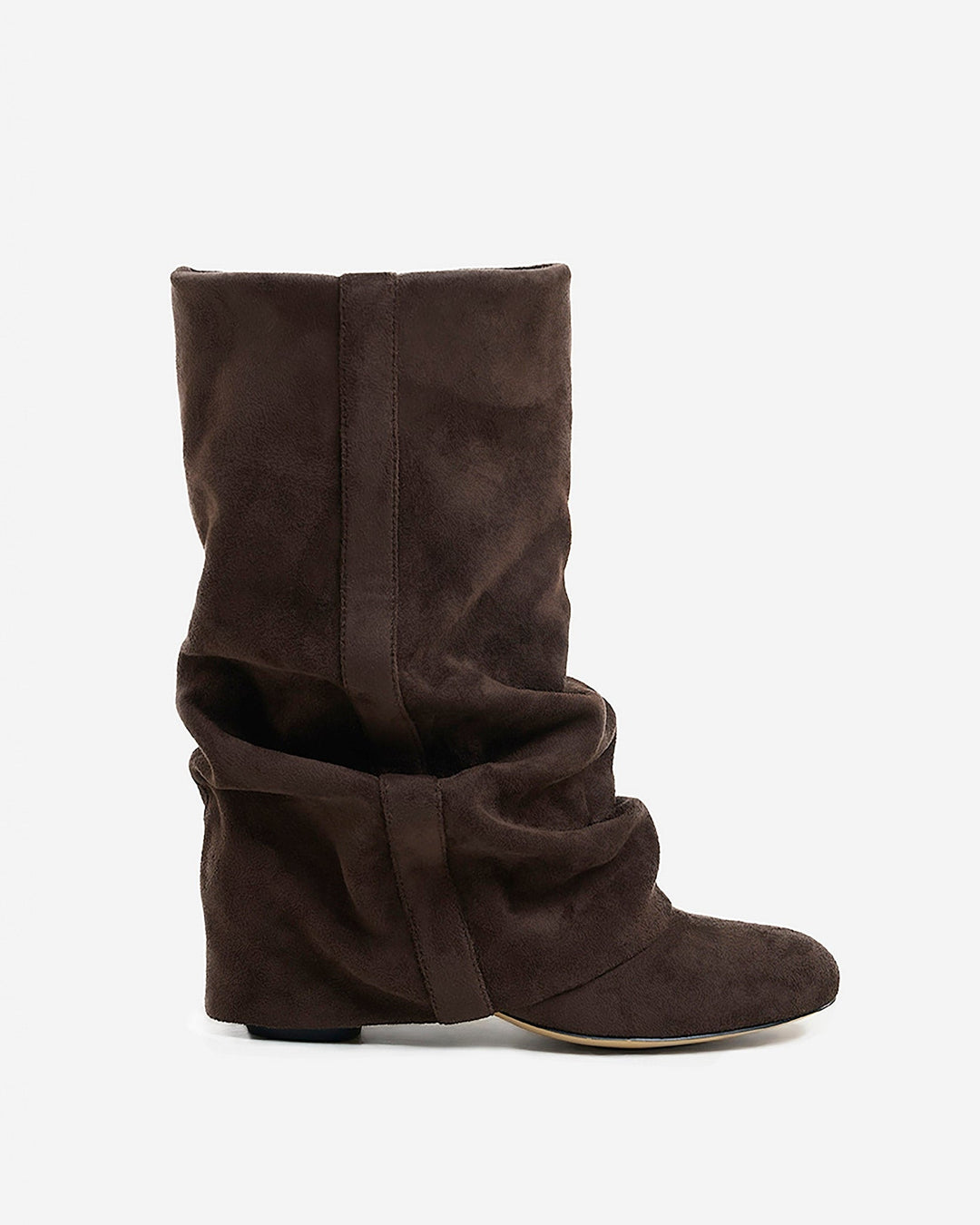 Women's dark brown slouchy knee-high boots with pointed toes and low heels