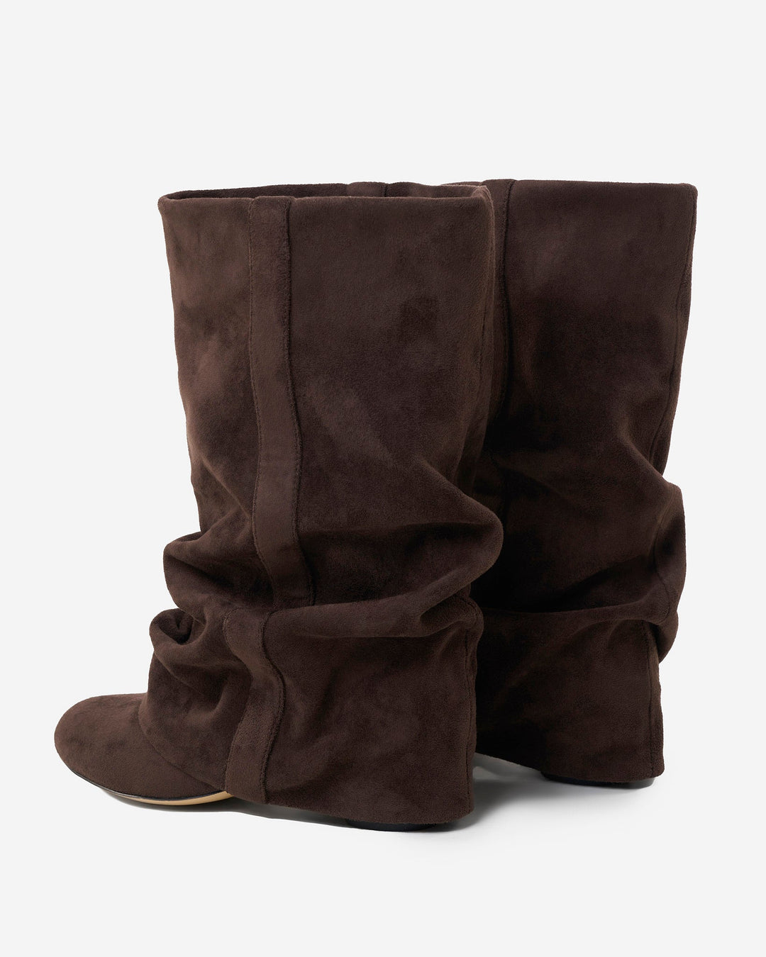 Women's dark brown slouchy knee-high boots with pointed toes and low heels