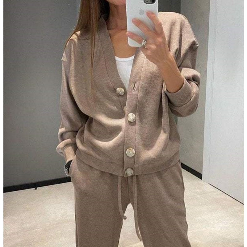 Women's long-sleeve V-neck cardigan and full-length trouser knit set