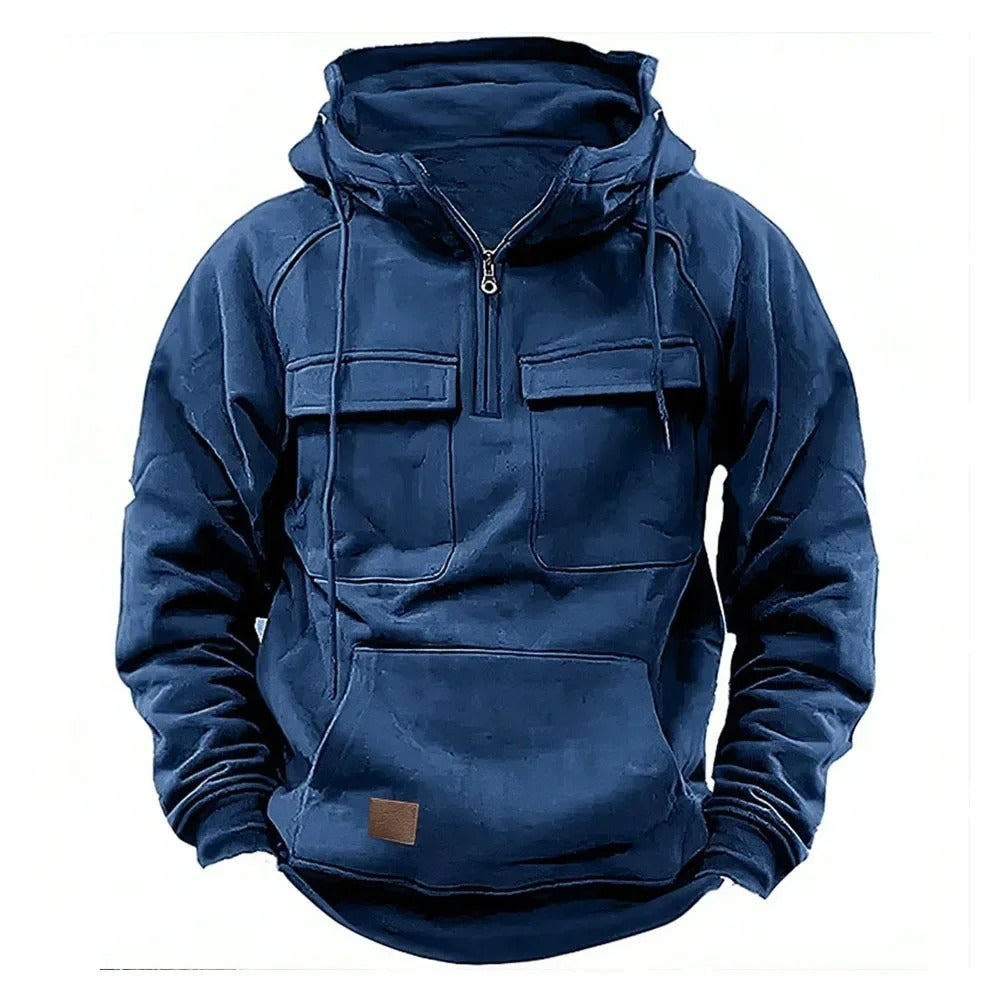 Unisex solid utility hoodie with hood, front zipper and multiple pockets