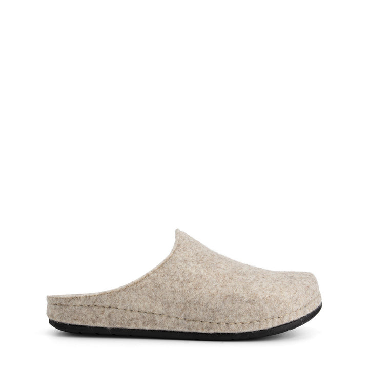 Beige closed-toe slip-on house slippers with black flat soles