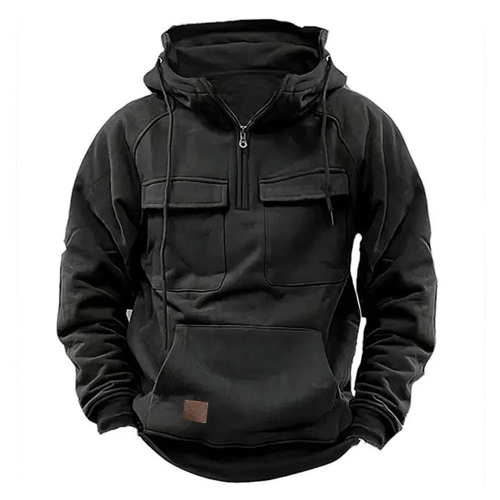 Unisex solid utility hoodie with hood, front zipper and multiple pockets