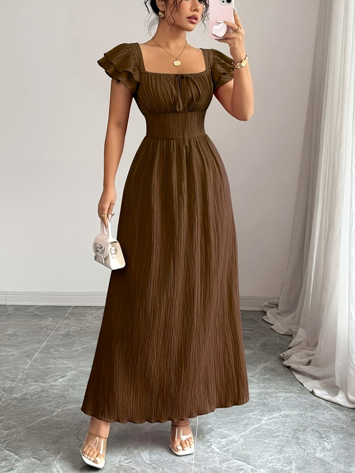 Women's Brown Maxi Dress | Square Neck A-Line