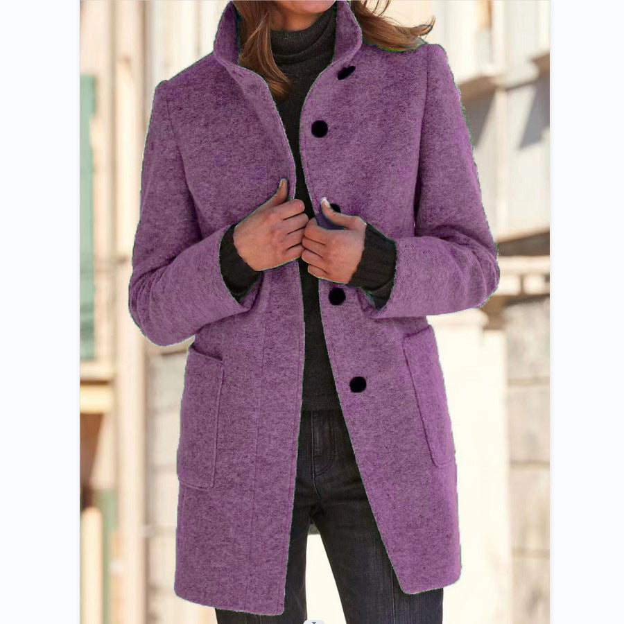 Women's classic button front coat with stand collar and patch pockets