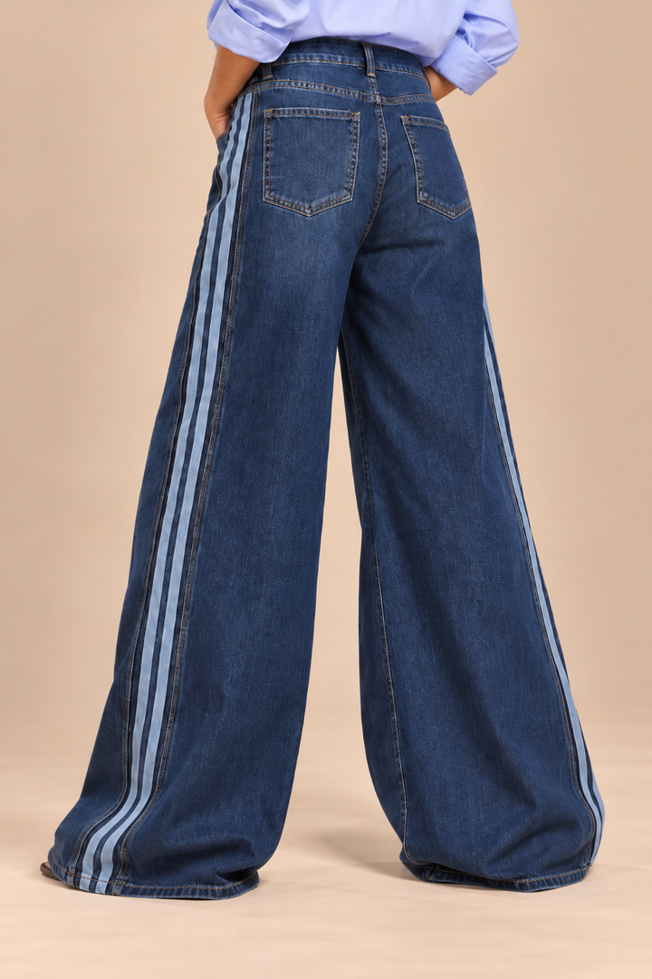 Women's dark blue wide-leg jeans with light blue side stripes