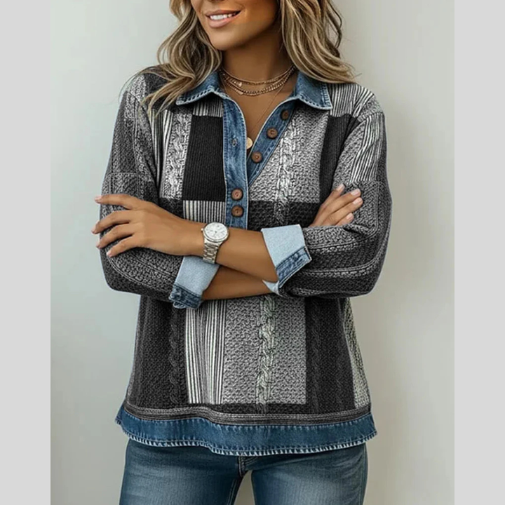 Women's patchwork collared sweatshirt with long sleeves and button placket