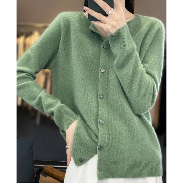 Women's plain crew neck button front cardigan with long sleeves
