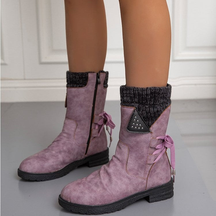 Women's winter boots with knitted cuffs, side zippers and lace-up details