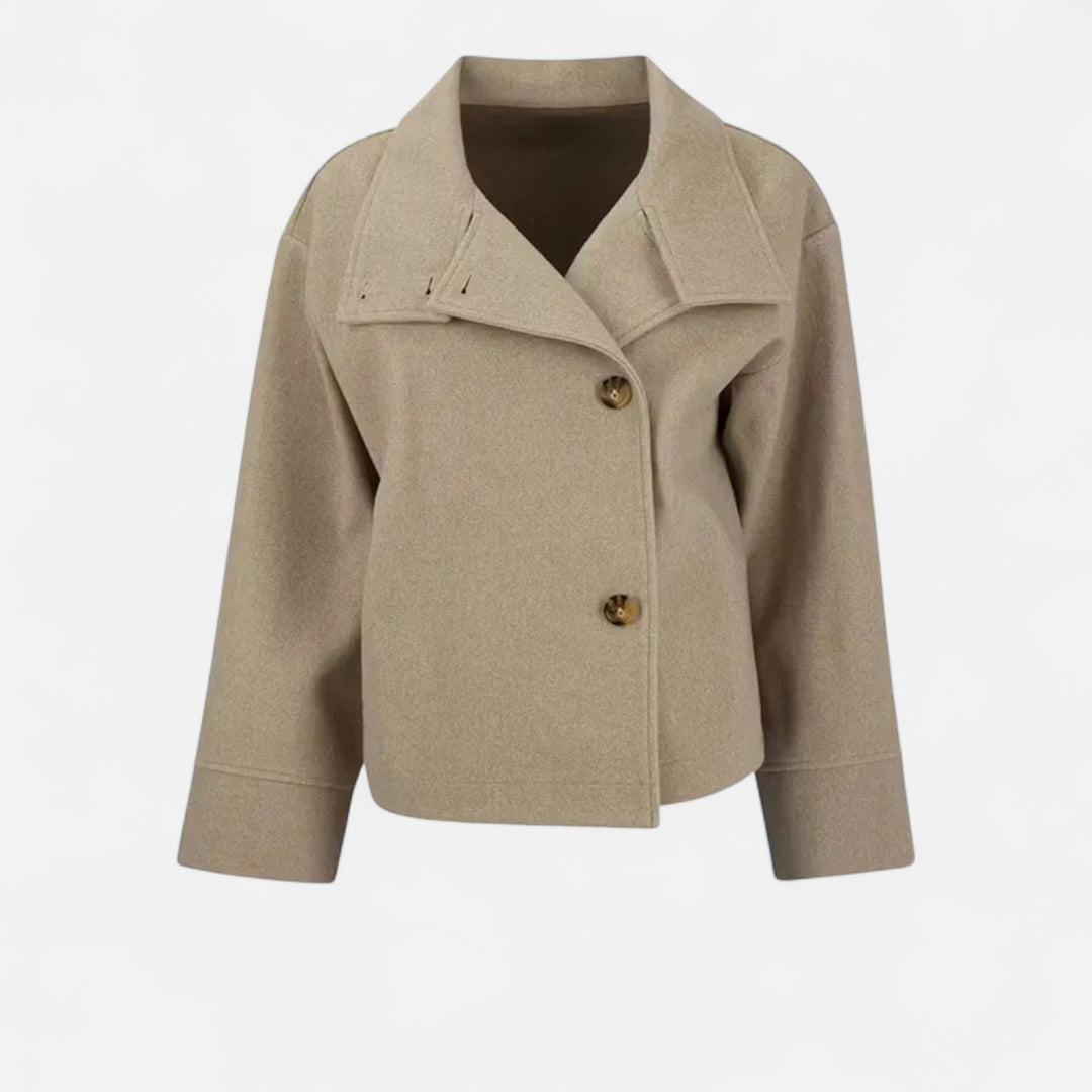 Women's short button-front coat with high collar and long sleeves