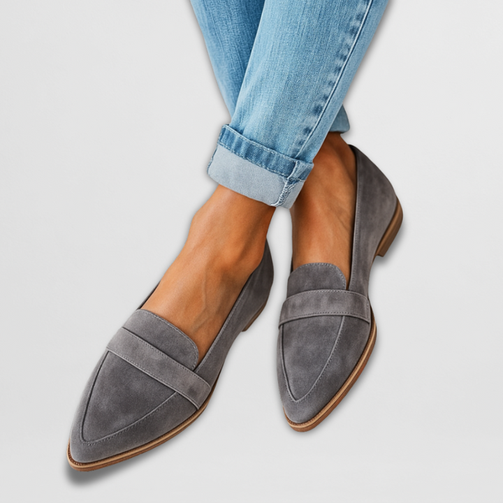 Women's pointed toe loafers with penny strap detail and flat soles