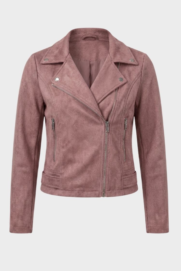 Women's cropped biker jacket with notched lapels, long sleeves and zip pockets
