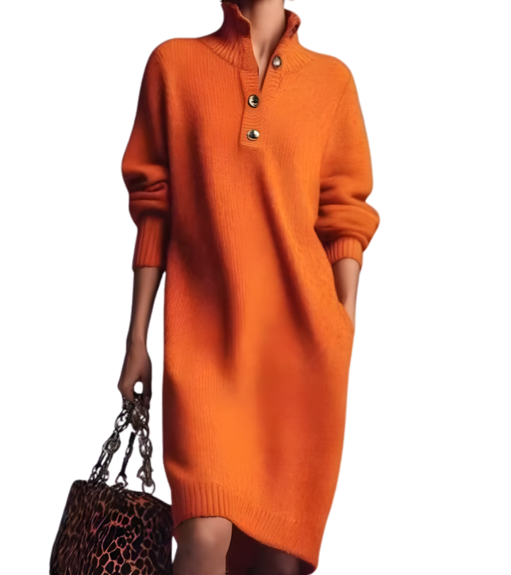 Women's ribbed knit midi dress with raised collar, button front and long sleeves