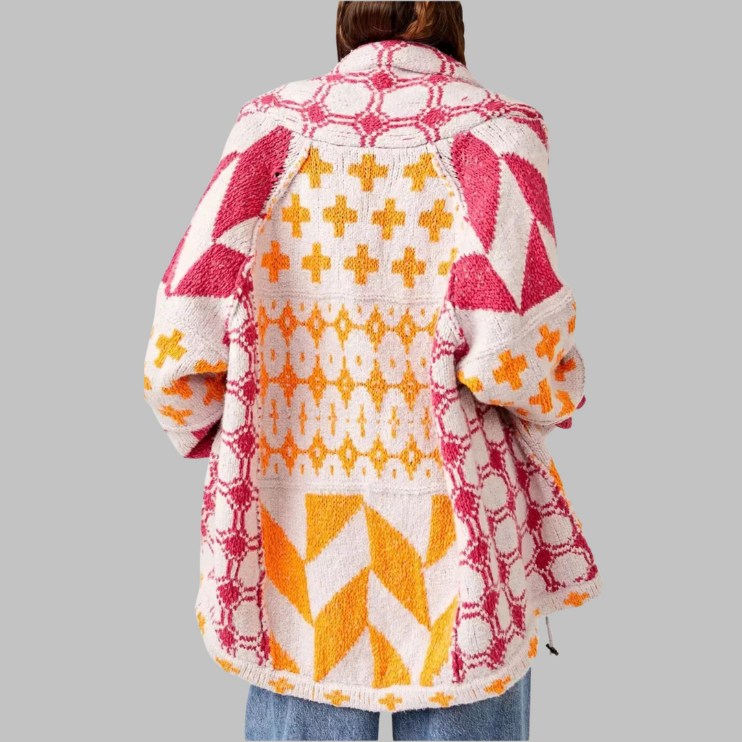 Women's oversized geometric button front cardigan with shawl collar and long sleeves