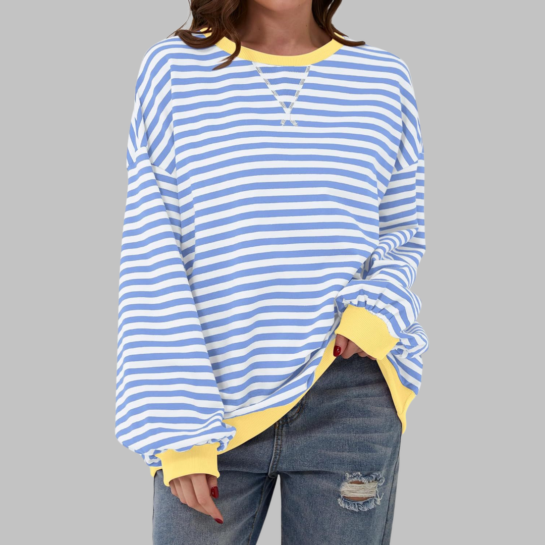Women's striped crew neck sweatshirt with long sleeves and ribbed trims