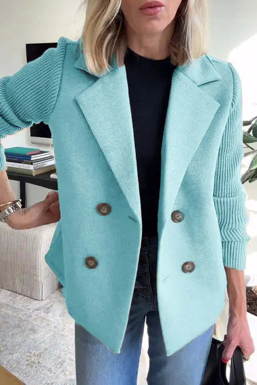 Women's double-breasted blazer with notched lapels and ribbed long sleeves