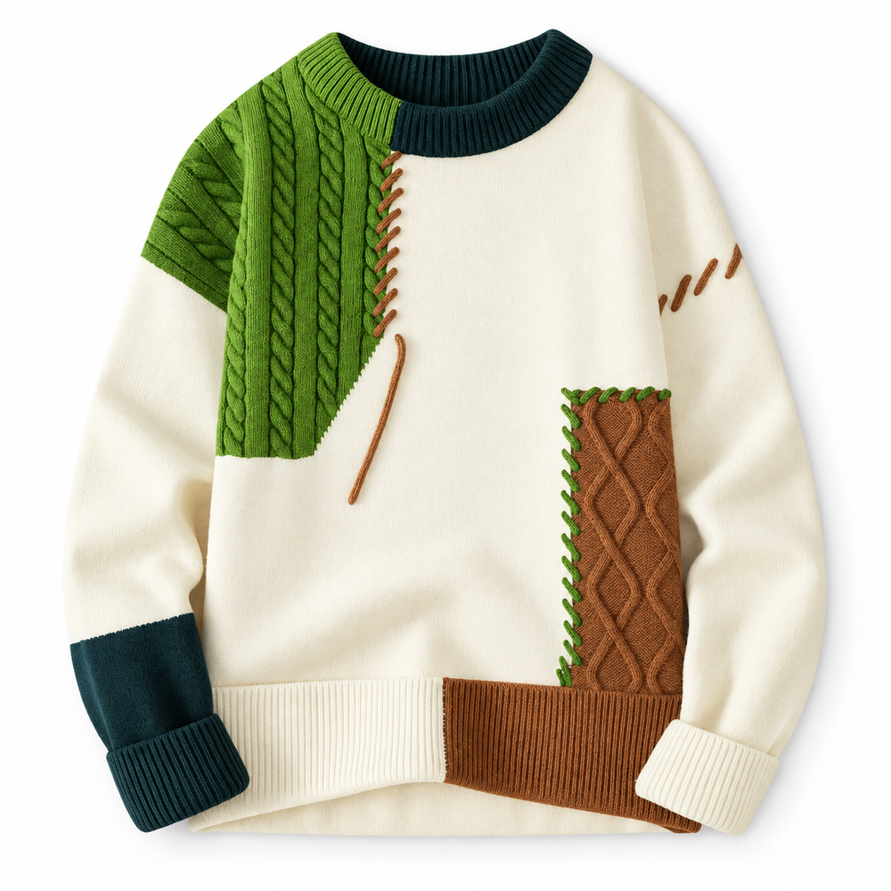 Women's patchwork cable knit sweater with crew neck and contrasting stitched panels