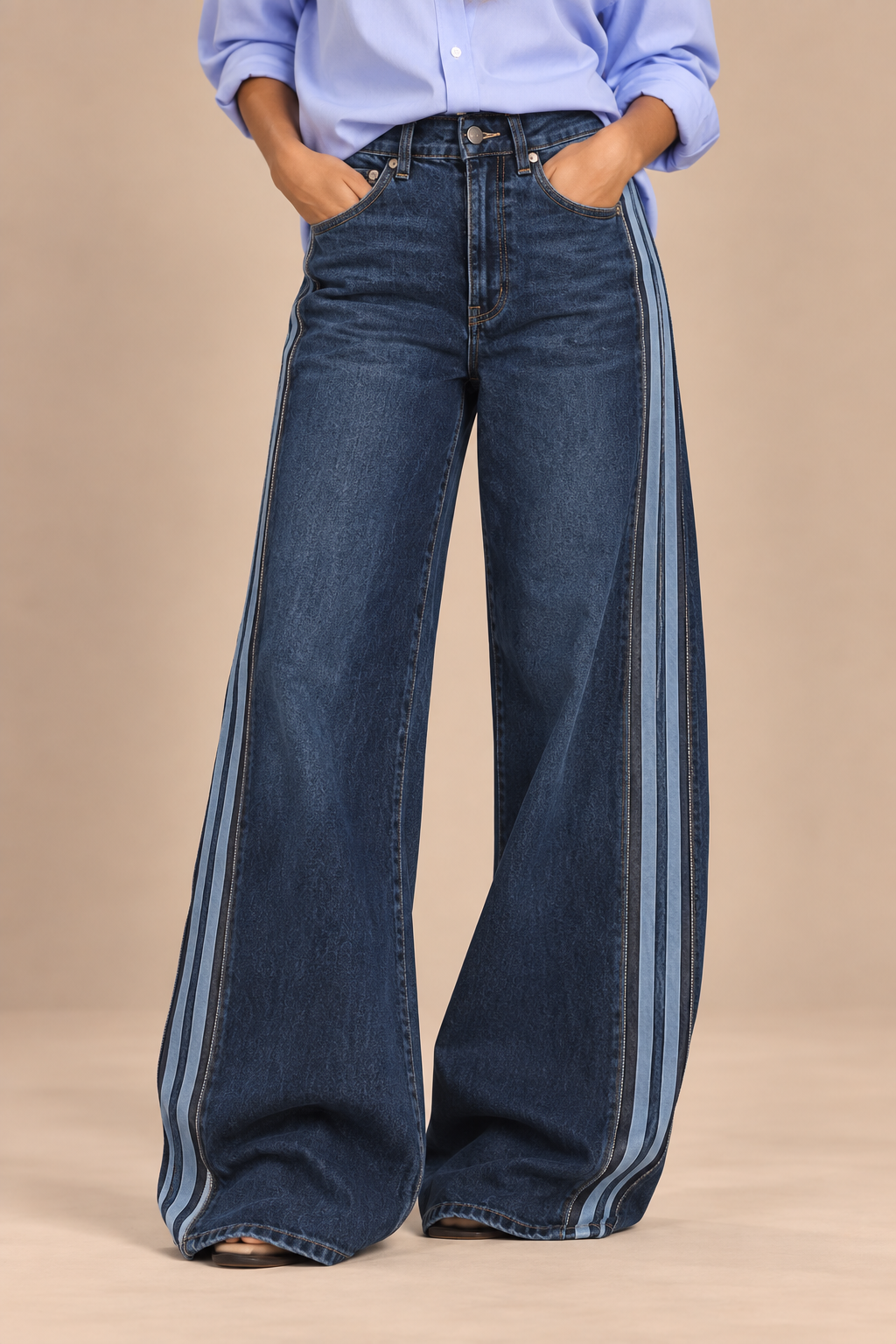 Women's dark blue wide-leg jeans with light blue side stripes