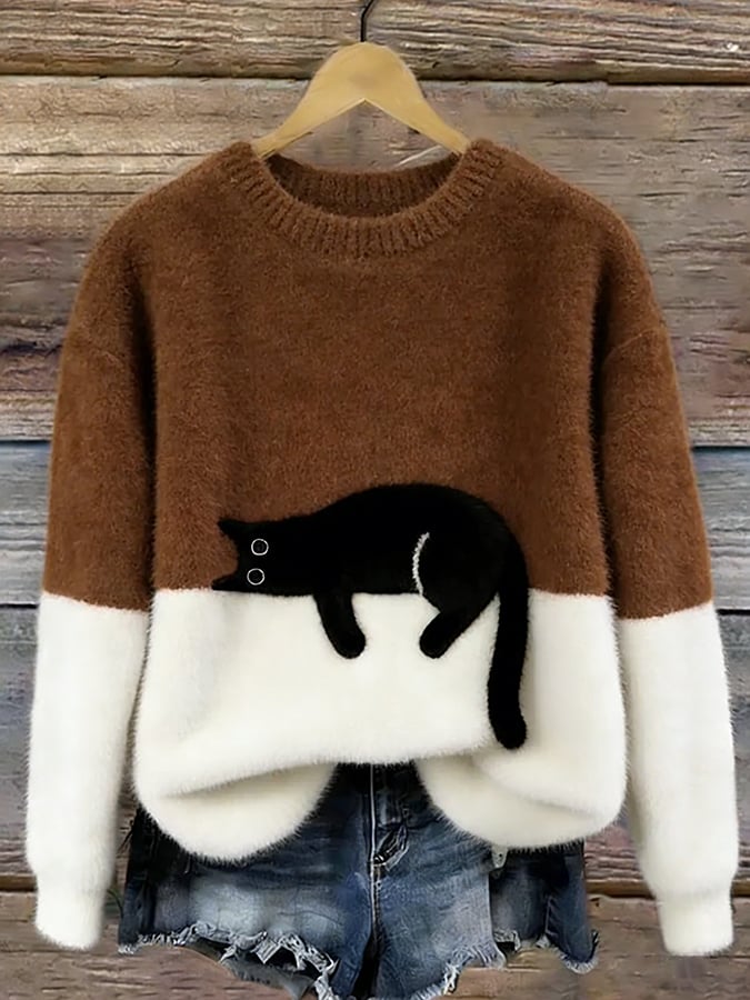 Women's long-sleeve crew neck sweater with a black cat graphic and contrast panels