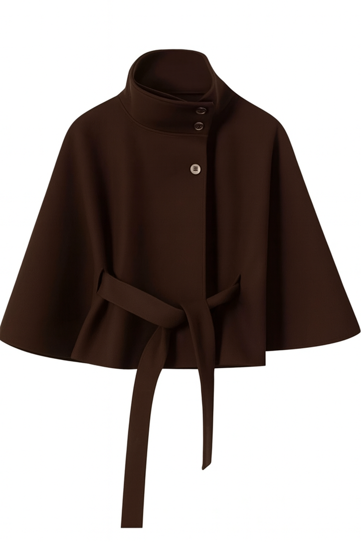 Women's cape coat with stand collar, button front and waist tie