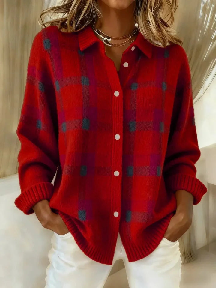 Women's checked button-front knit sweater with collared neckline and long sleeves