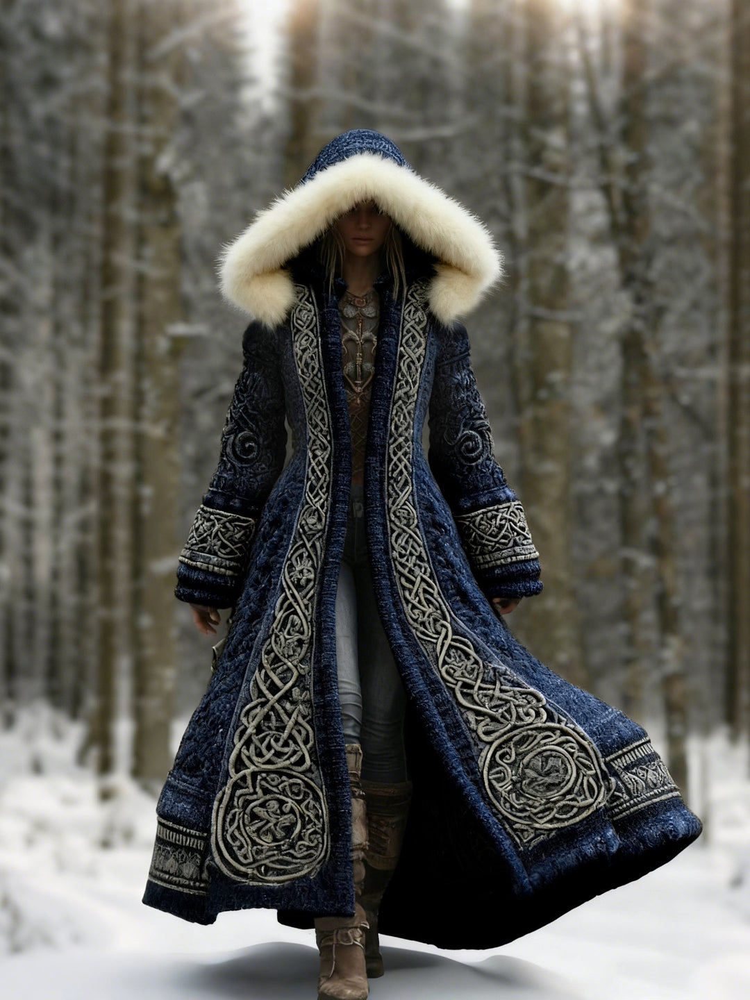 Women's hooded longline coat with ornate embroidery and pale hood trim