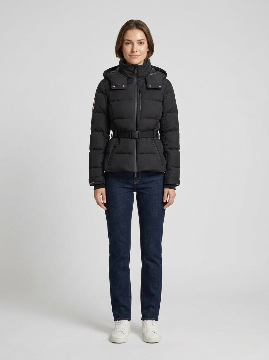 Women's black hooded quilted puffer jacket with belt and zip front