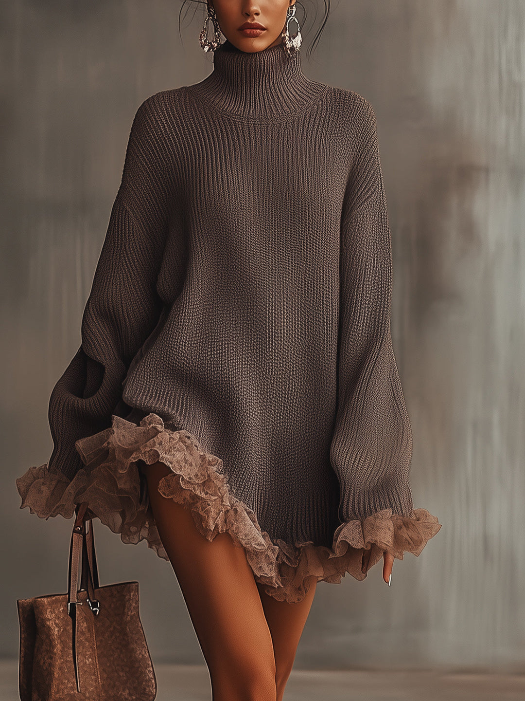 Women's brown knitted mini dress with turtleneck and ruffled lace trim
