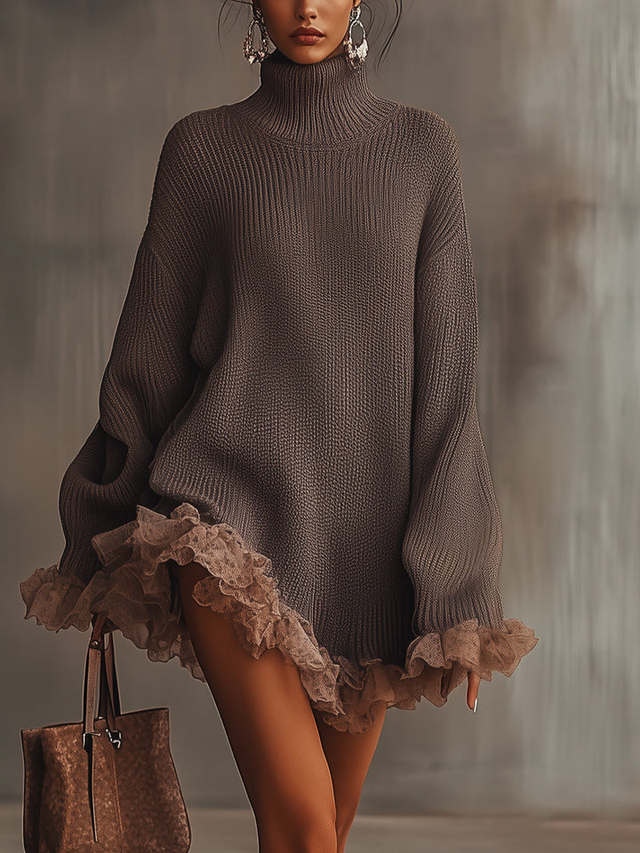 Women's brown knitted mini dress with turtleneck and ruffled lace trim