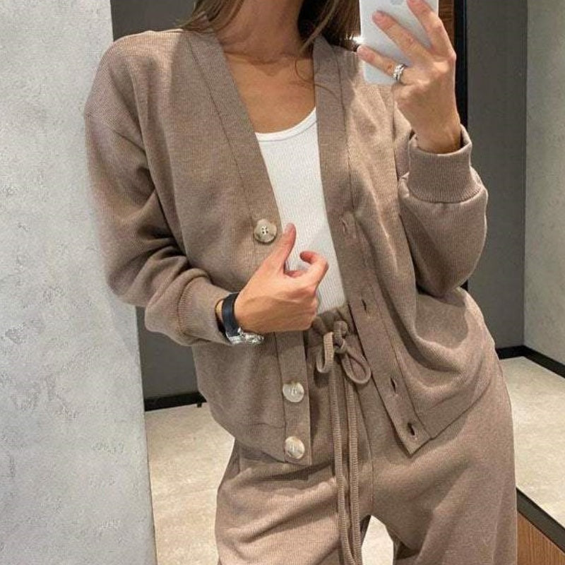 Women's long-sleeve V-neck cardigan and full-length trouser knit set