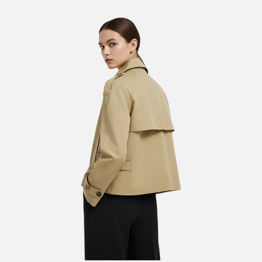 Women's short belted trench jacket with high collar, button front and long sleeves