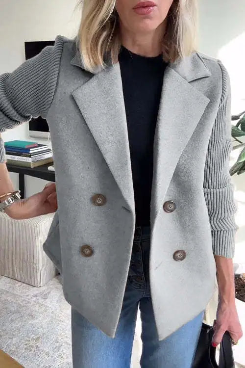 Women's double-breasted blazer with notched lapels and ribbed long sleeves