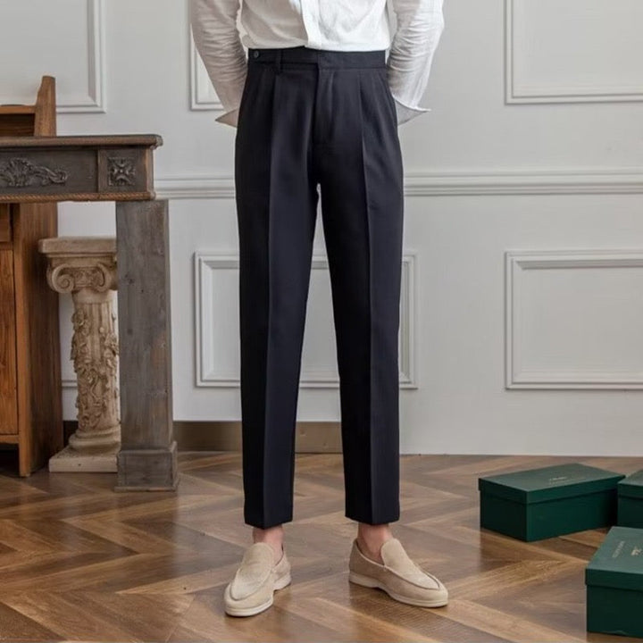 Women's high-rise pleated straight-leg trousers with belt loops and side pockets