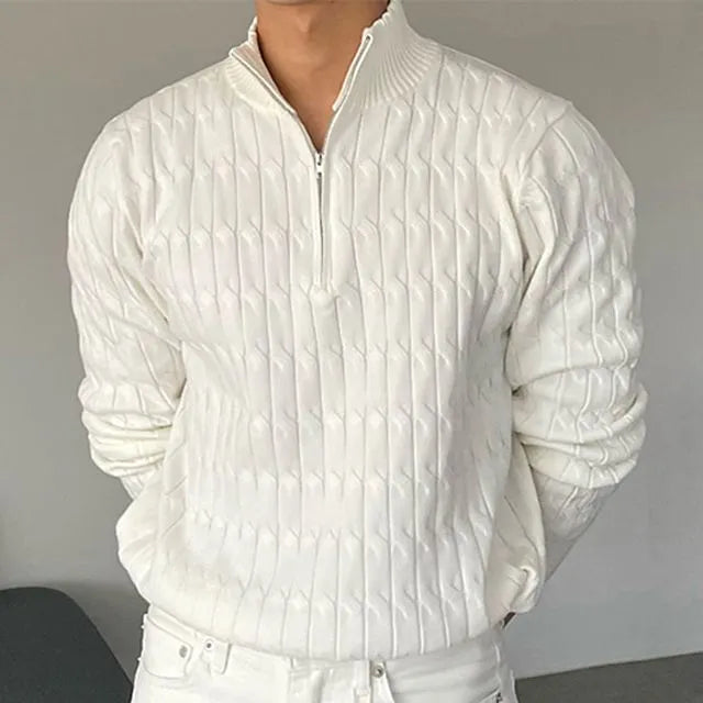 Ribbed half-zip mock neck sweater with long sleeves