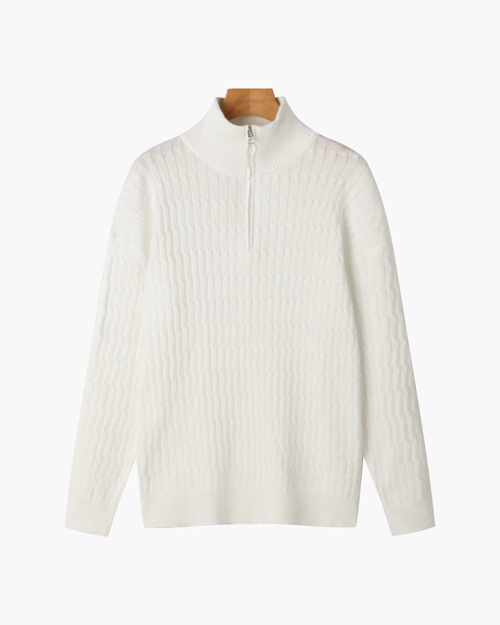 Ribbed half-zip mock neck sweater with long sleeves