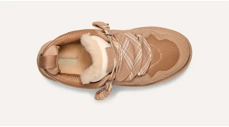 Women's beige high-top sneakers with patterned laces and platform soles