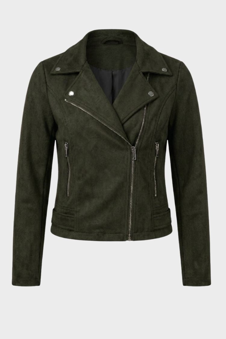 Women's cropped biker jacket with notched lapels, long sleeves and zip pockets