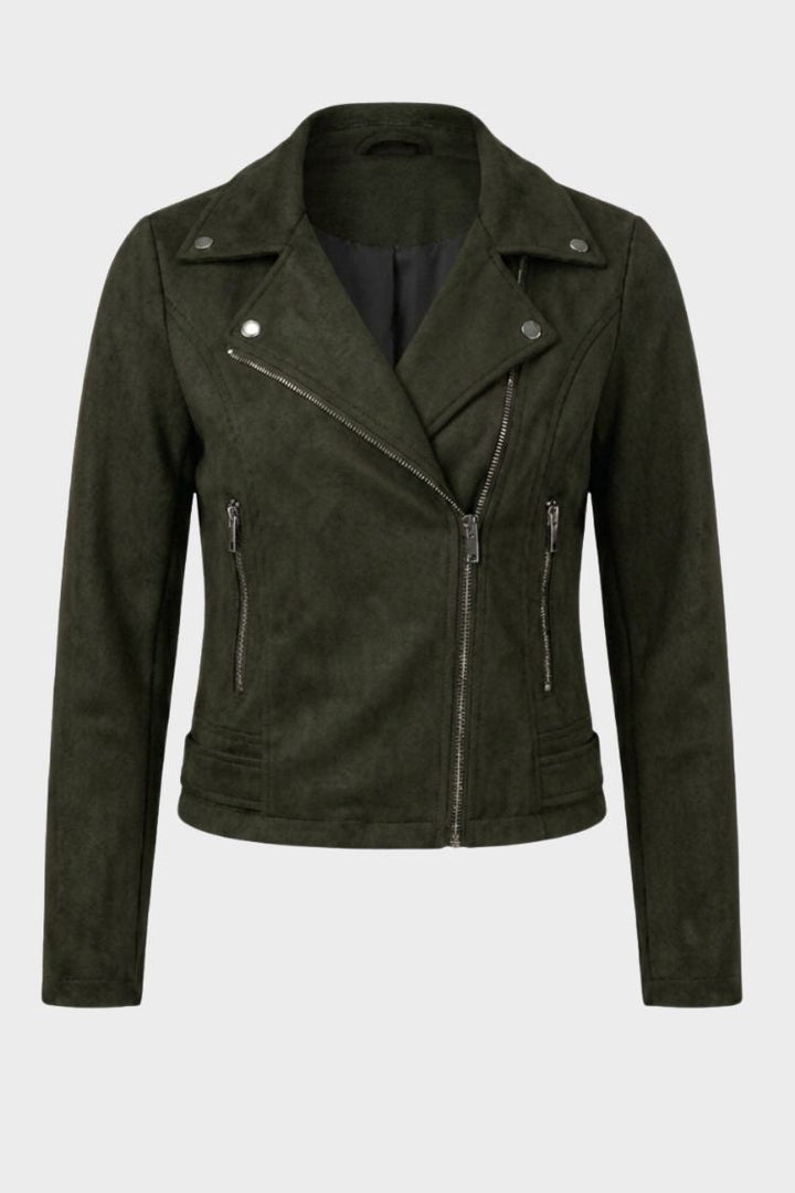 Women's cropped biker jacket with notched lapels, long sleeves and zip pockets