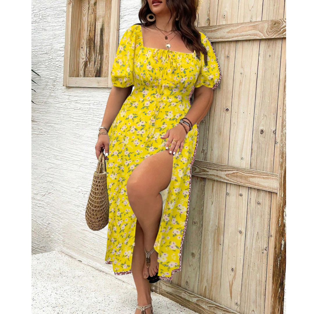 Women's Dress | Puff Sleeve Square Neck with Slit